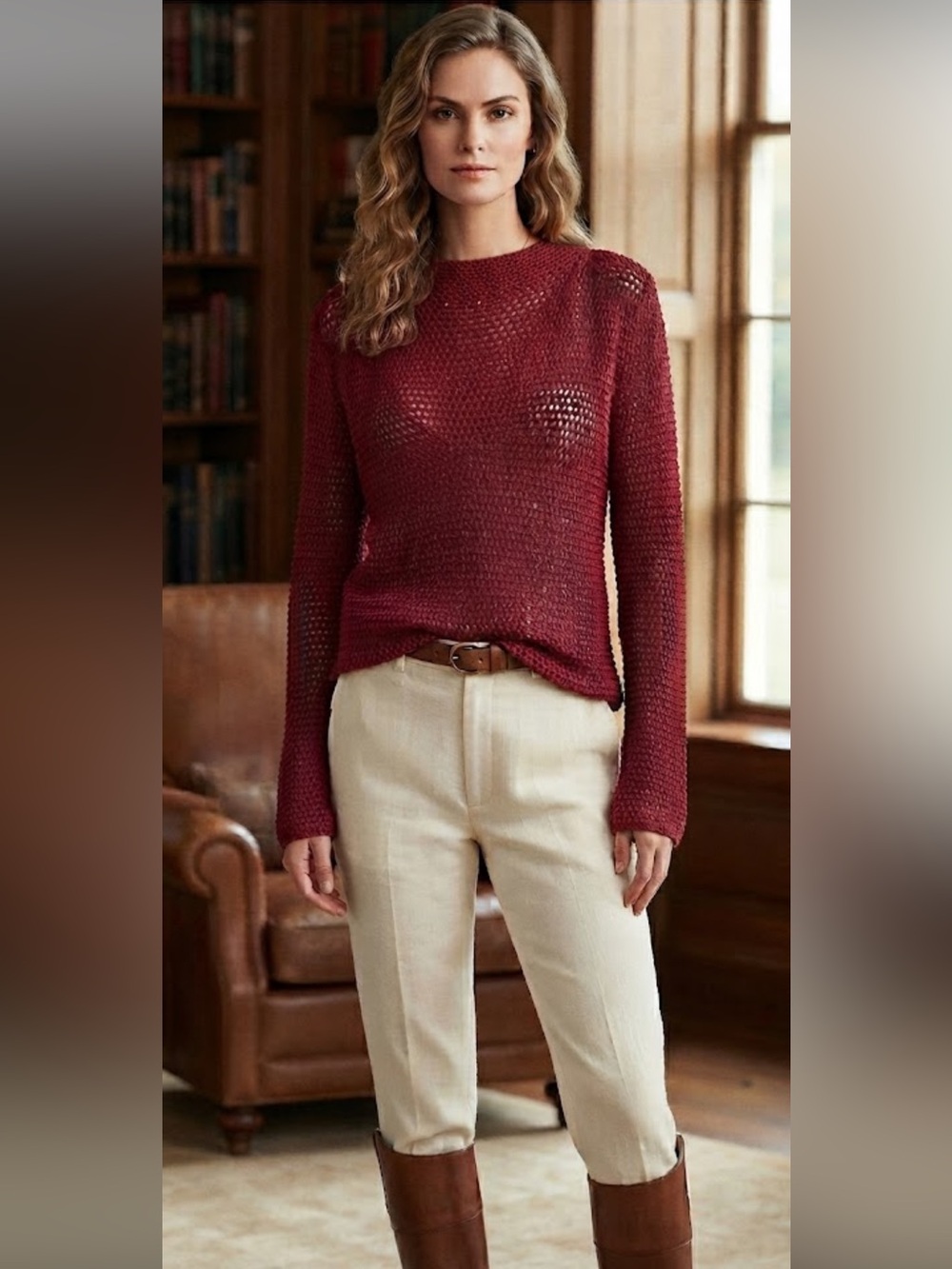 NWOT Lauren Ralph Lauren Hand Knit Red Linen Cotton Sweater